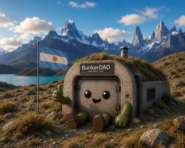 The BunkerDAO mascot — a smiling, earth-topped concrete bunker giving a cheerful thumbs up on the Patagonian steppe, the Argentine flag beside it.