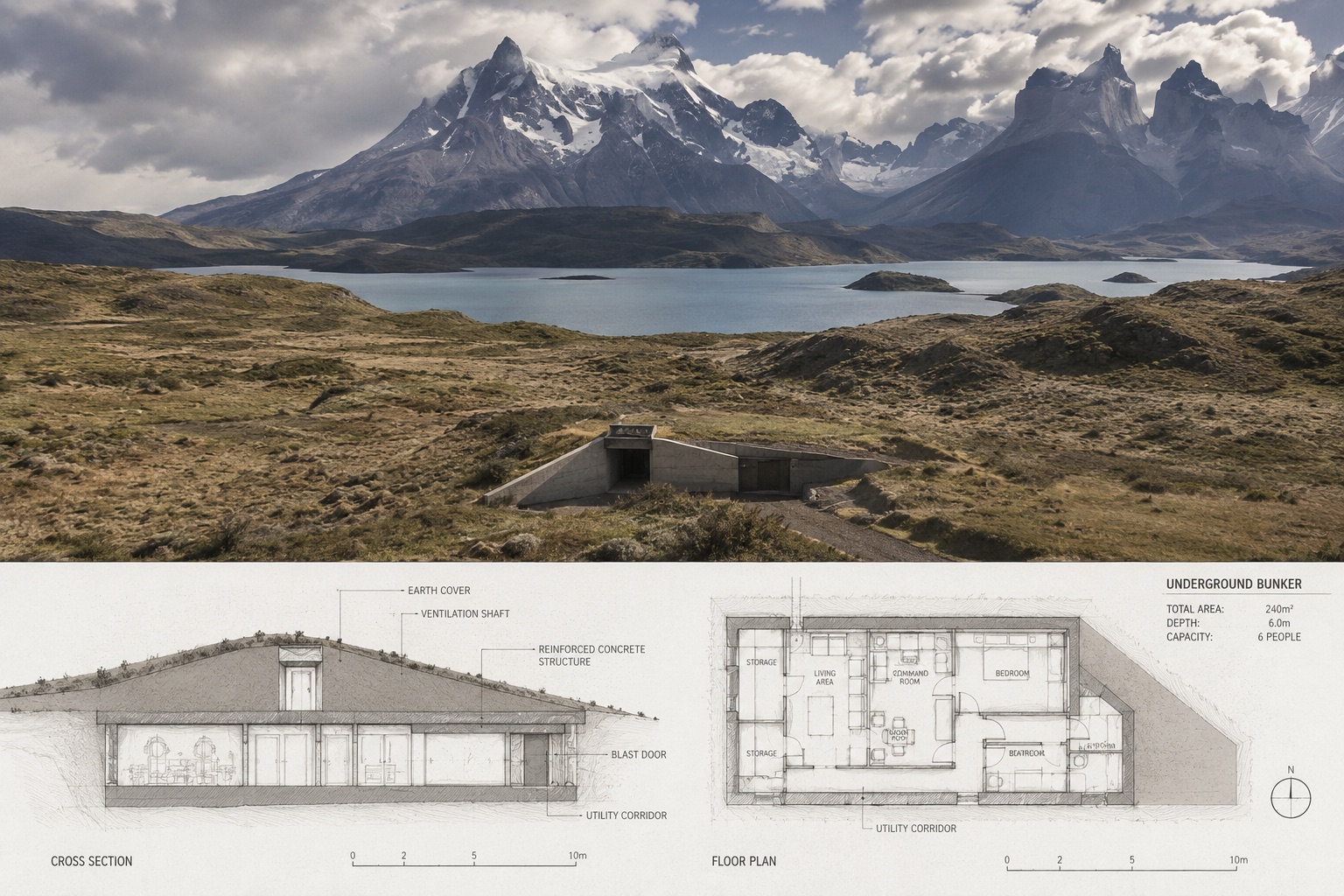 The Patagonian steppe above the undisclosed coordinates — Torres del Paine, a turquoise glacial lake, and the earth-covered bunker portal set into the hillside, with cross-section and floor-plan schematics below.